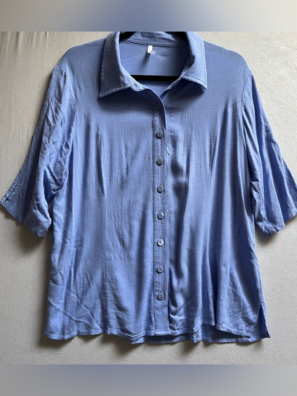 Blue Sky Periwinkle Linen Bamboo Blend Button Front Short Sleeve Blouse M